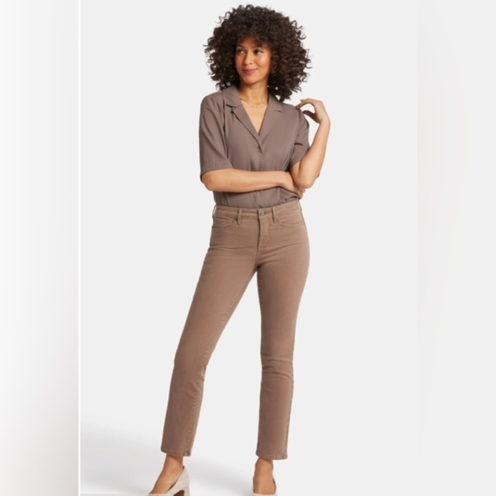 NYDJ Sheri Slim Jeans 12P Petite Taupe Brown Stretch Denim Mid Rise Straight
